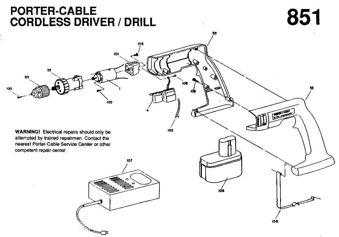 Default Diagram and Parts List for 9851-BDK Type 1 Porter Cable Boring Machine